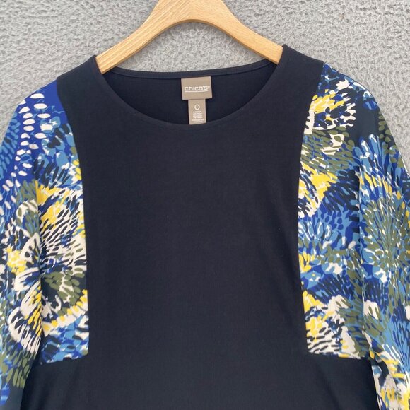 Chicos Top Womens 0 US Small Black Blue Floral Drops Bishop Long Sleeve Knit NWT - Picture 2 of 11